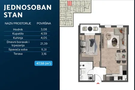 One-bedroom apartment of 48 m2 for sale in a building under construction in Bar, Cheluga