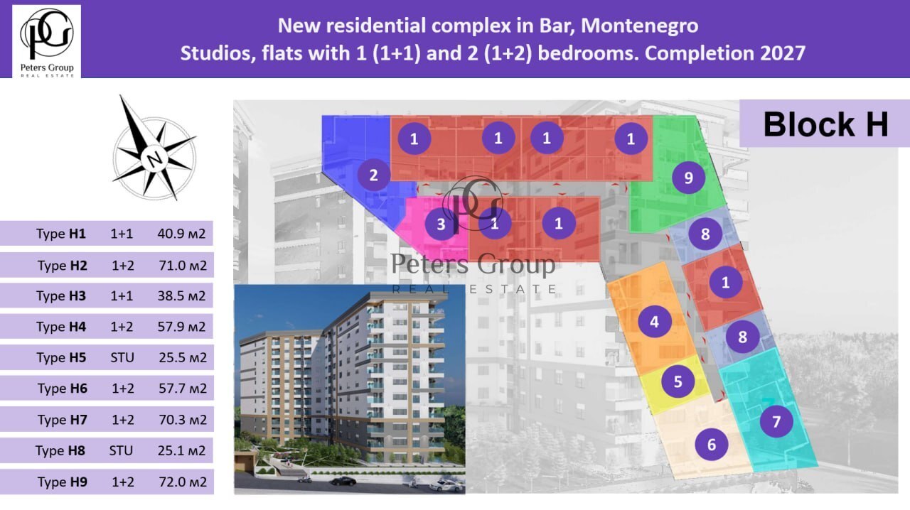 One-bedroom apartments in building H in a new complex near the beaches and the center of Bar are fo