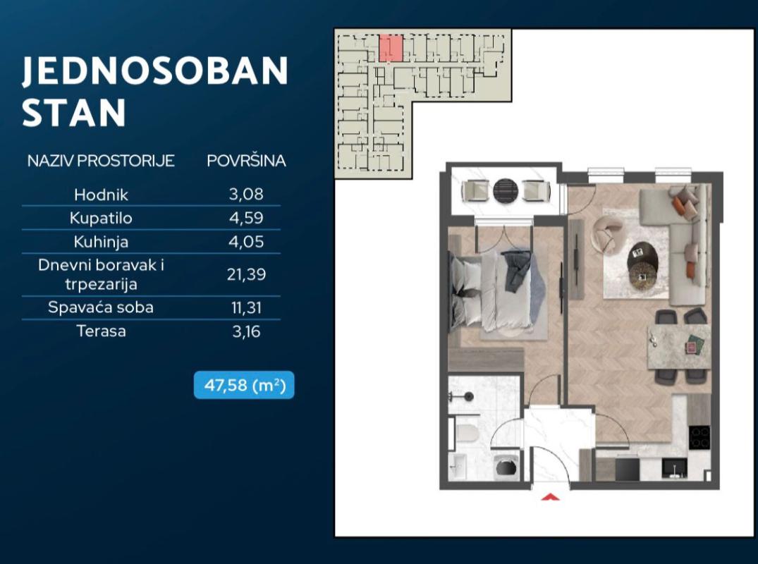 One-bedroom apartment of 48 m2 for sale in a building under construction in Bar, Cheluga